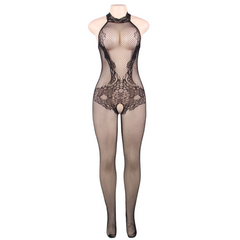 QUEEN LINGERIE - BODYSTOCKING WITH OPENING AND FLORAL LACE S/L - 53Xshop