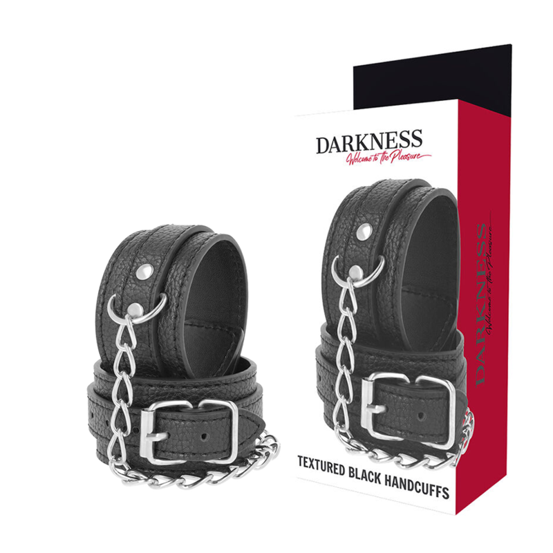 DARKNESS - BLACK TEXTURED LEATHER HANDCUFFS - 53Xshop