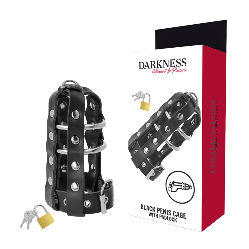 DARKNESS - LEATHER CHASTITY CAGE WITH LOCK - 53Xshop