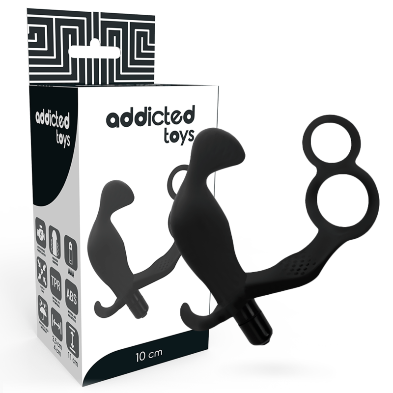 ADDICTED TOYS - ANAL PLUG WITH DOUBLE PENIS RING AND TESTICLES BLACK - 53Xshop