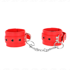 KINK - ATTACHES DE POIGNET ROUGES AVEC INCRUSTATION DE CŒUR NOIR RÉGLABLES 21-28 CM X 5,5 CM