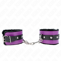 KINK - ATTACHES DE POIGNET DOUBLÉES DE FOURRURE DE QUALITÉ SUPÉRIEURE NOIRES AVEC CEINTURE VIOLET/NOIRE RÉGLABLE 17-29 CM X 6 CM