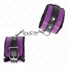 KINK - ATTACHES DE POIGNET DOUBLÉES DE FOURRURE DE QUALITÉ SUPÉRIEURE NOIRES AVEC CEINTURE VIOLET/NOIRE RÉGLABLE 17-29 CM X 6 CM