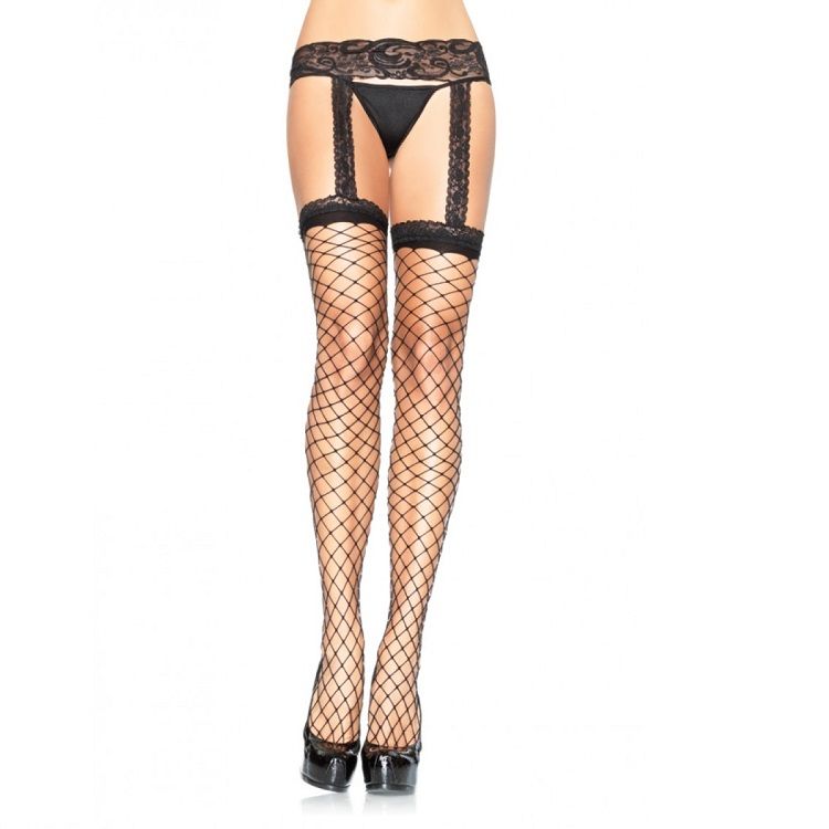 LEG AVENUE - FISHNET STOCKINGS WITH BLACK LACE GARTER GARTER - 53Xshop