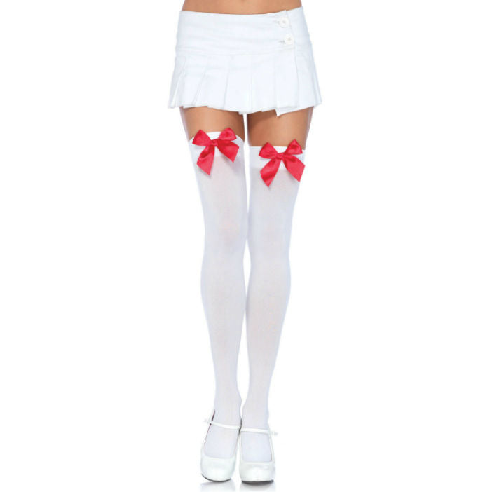 LEG AVENUE - NYLON THIGH HIGHS WITH BOW WHITE / RED - 53Xshop