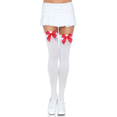 LEG AVENUE - NYLON THIGH HIGHS WITH BOW WHITE / RED - 53Xshop