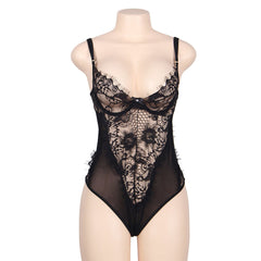 SUBBLIME - QUEEN PLUS FLORAL LACE AND FRINGED BLACK TEDDY - 53Xshop