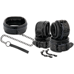 DARKNESS - BLACK LEATHER HANDCUFFS AND COLLAR - 53Xshop