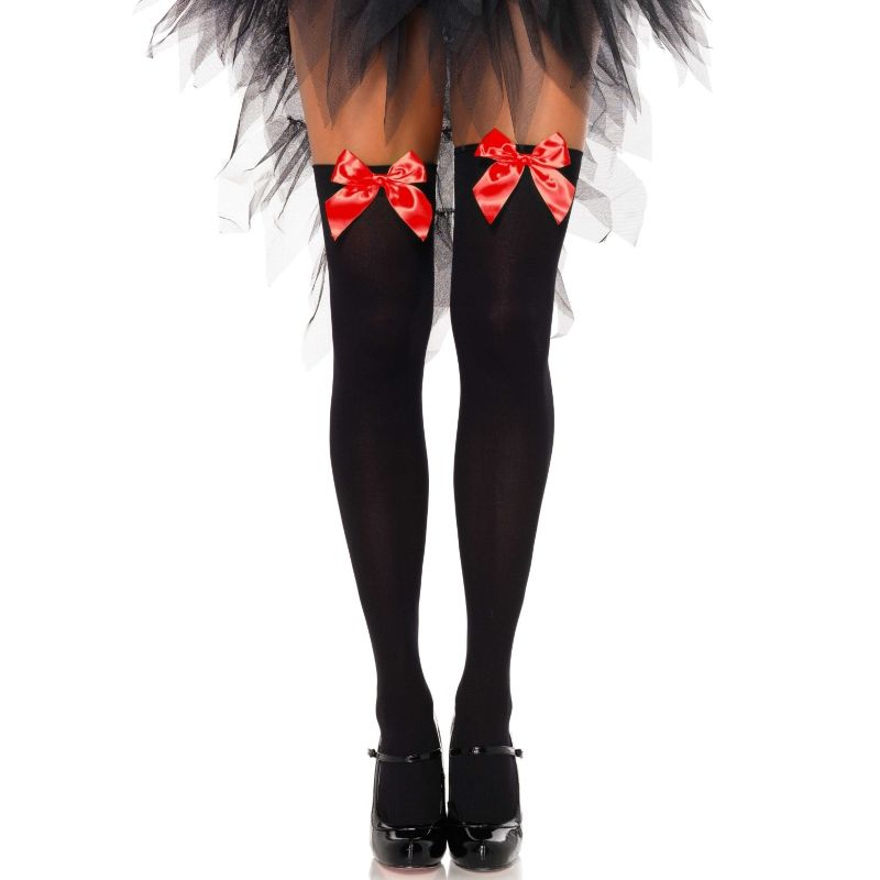 LEG AVENUE - BLACK NYLON THIGH HIGHS WITH RED BOW ONE SIZE - 53Xshop