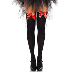 LEG AVENUE - BLACK NYLON THIGH HIGHS WITH RED BOW ONE SIZE - 53Xshop