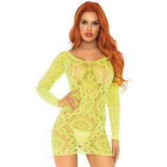LEG AVENUE - CROCHET LACE LONG SLEEVE MINI DRESS NEON ONE SIZE - 53Xshop