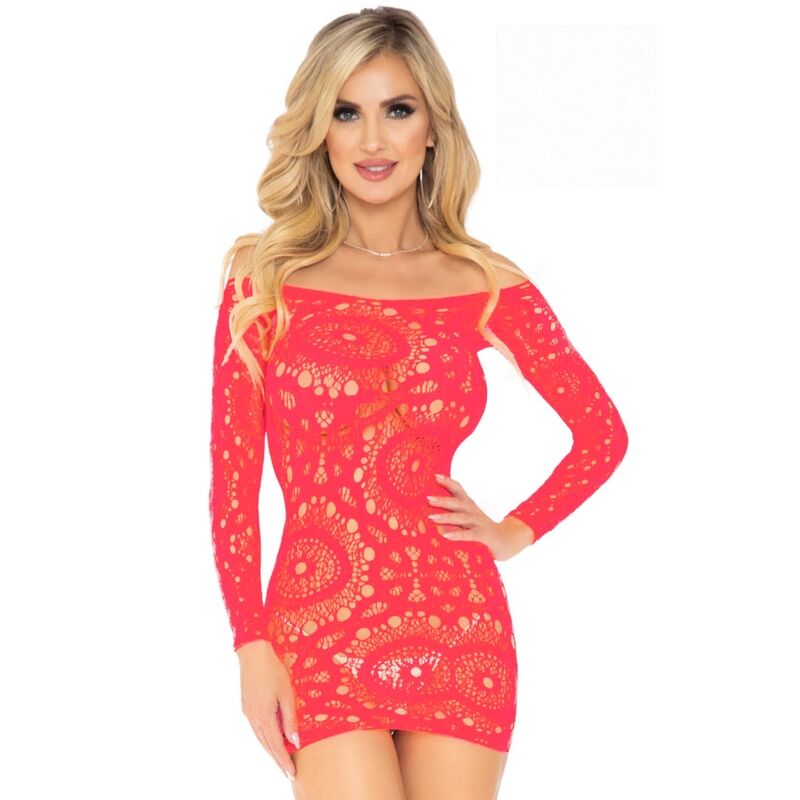 LEG AVENUE - CROCHET LACE LONG SLEEVE MINI DRESS RED ONE SIZE - 53Xshop