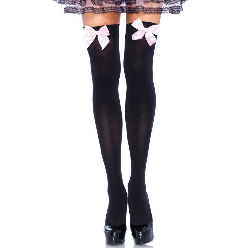 LEG AVENUE - BLACK NYLON THIGH HIGHS WITH PINK BOW ONE SIZE - 53Xshop