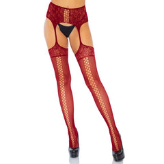 LEG AVENUE - MEDIAS DE ENCAJES CON LIGUERO BURDEOS TALLA UNICA - 53Xshop