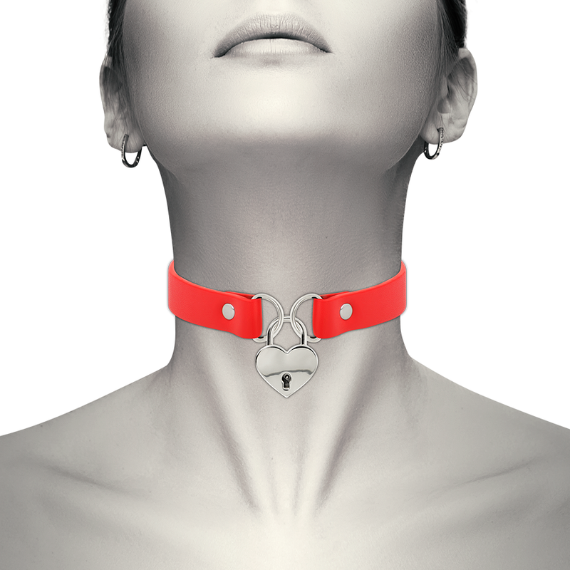 COQUETTE CHIC DESIRE - RED VEGAN LEATHER NECKLACE WITH HEART ACCESSORY WITH KEY - 53Xshop