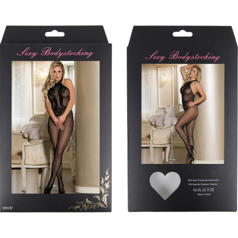 QUEEN LINGERIE - BODYSTOCKING WITH OPENING AND FLORAL LACE S/L - 53Xshop