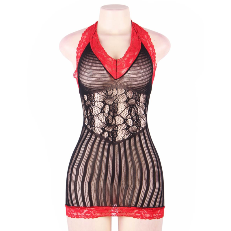 QUEEN LINGERIE - BLACK AND RED CROTCHET CHEMISE S/L - 53Xshop
