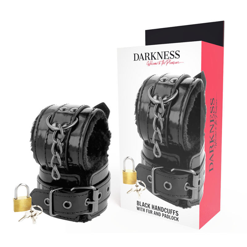 DARKNESS - BLACK ADJUSTABLE LEATHER HANDCUFFS WITH PADLOCK - 53Xshop