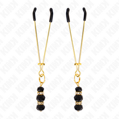 KINK - GOLD THIN NIPPLE CLAMPS WITH 3 BLACK GLASS BEADS 7 CM