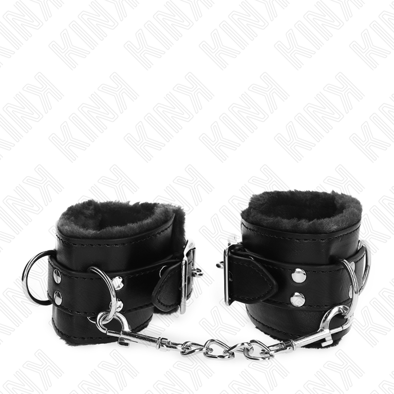 KINK - ATTACHES DE POIGNET DOUBLÉES DE FOURRURE NOIRES AVEC CEINTURE NOIRE RÉGLABLE 17-29 CM X 6 CM