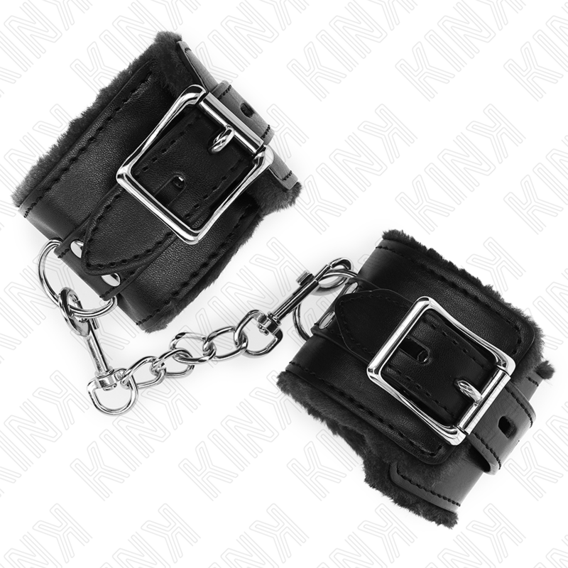 KINK - ATTACHES DE POIGNET DOUBLÉES DE FOURRURE NOIRES AVEC CEINTURE NOIRE RÉGLABLE 17-29 CM X 6 CM