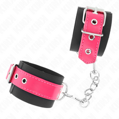KINK - ATTACHES DE POIGNET EN NYLON NOIR AVEC CEINTURE EN SIMILICUIR ROSE FRAMBOISE RÉGLABLE 19-29 CM X 5,1 CM