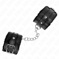 KINK - ATTACHES DE POIGNET DOUBLÉES DE FOURRURE DE QUALITÉ SUPÉRIEURE NOIRES AVEC CEINTURE NOIRE RÉGLABLE 17-29 CM X 6 CM