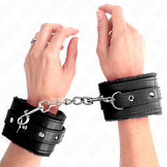 KINK - ATTACHES DE POIGNET DOUBLÉES DE FOURRURE DE QUALITÉ SUPÉRIEURE NOIRES AVEC CEINTURE NOIRE RÉGLABLE 17-29 CM X 6 CM