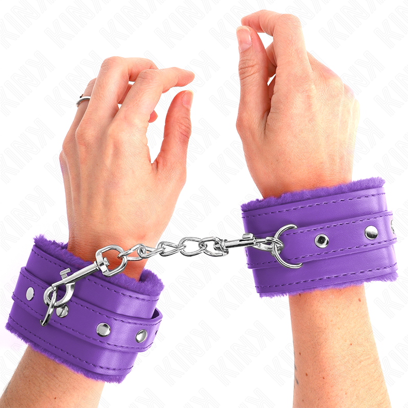 KINK - ATTACHES DE POIGNET DOUBLÉES DE FOURRURE DE QUALITÉ SUPÉRIEURE VIOLET AVEC CEINTURE VIOLET RÉGLABLE 17-29 CM X 6 CM
