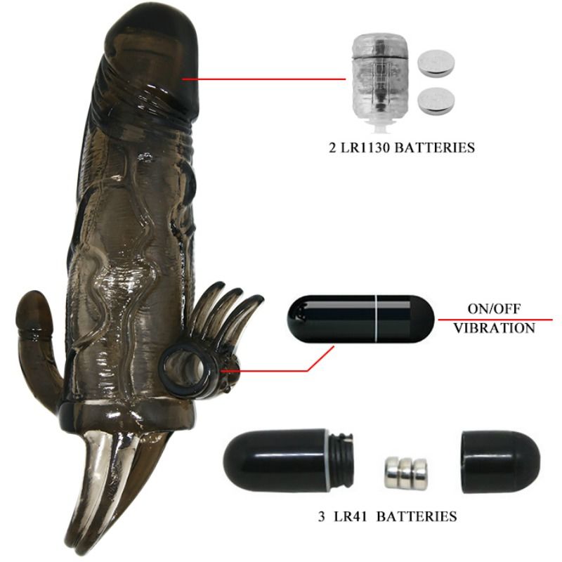 BAILE - BRAVE MAN PENIS COVER WITH CLIT AND ANAL STIMULATION DOUBLE BULLET BLACK 16.5 CM - 53Xshop