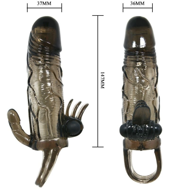 BAILE - BRAVE MAN PENIS COVER WITH CLIT AND ANAL STIMULATION DOUBLE BULLET BLACK 16.5 CM - 53Xshop