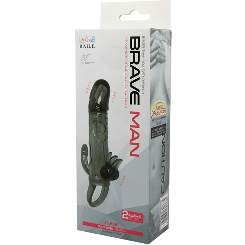 BAILE - BRAVE MAN PENIS COVER WITH CLIT AND ANAL STIMULATION DOUBLE BULLET BLACK 16.5 CM - 53Xshop