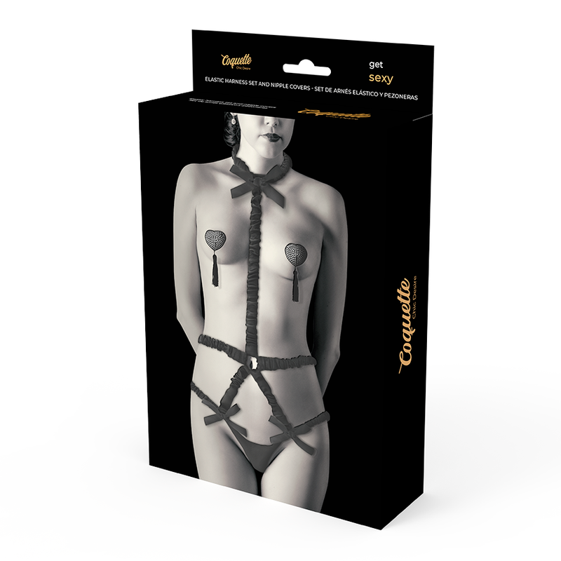 COQUETTE CHIC DESIRE - ELASTIC HARNESS SET AND NIPPLE COVERS BLACK - 53Xshop